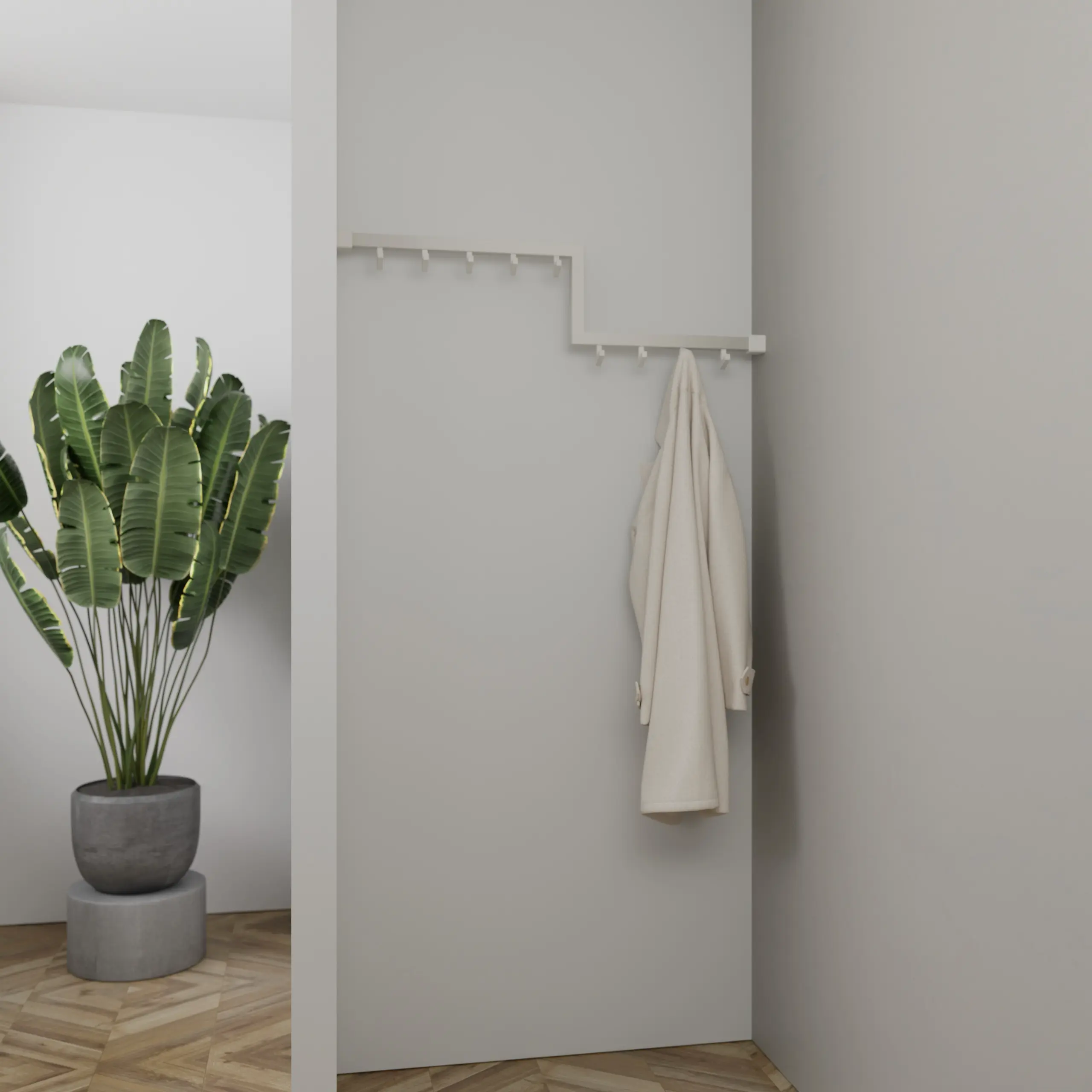 Wandgarderobe Geren quadratisch weiß in einer Eckaufstellung an der Wand mit Kleidung montiert.