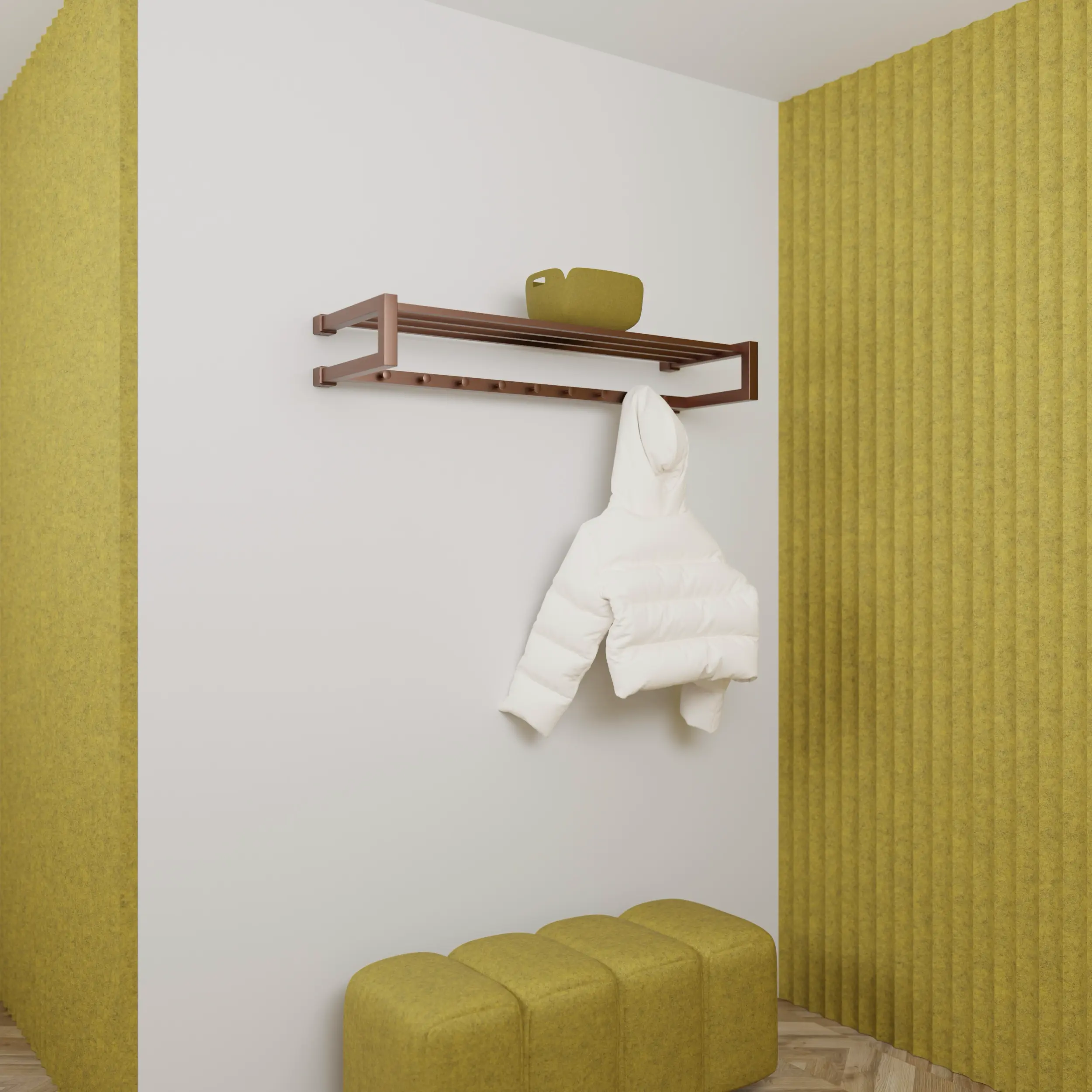 Kapstok Uven vierkant brons aan de wand gemonteerd in een interieur met kleding.
