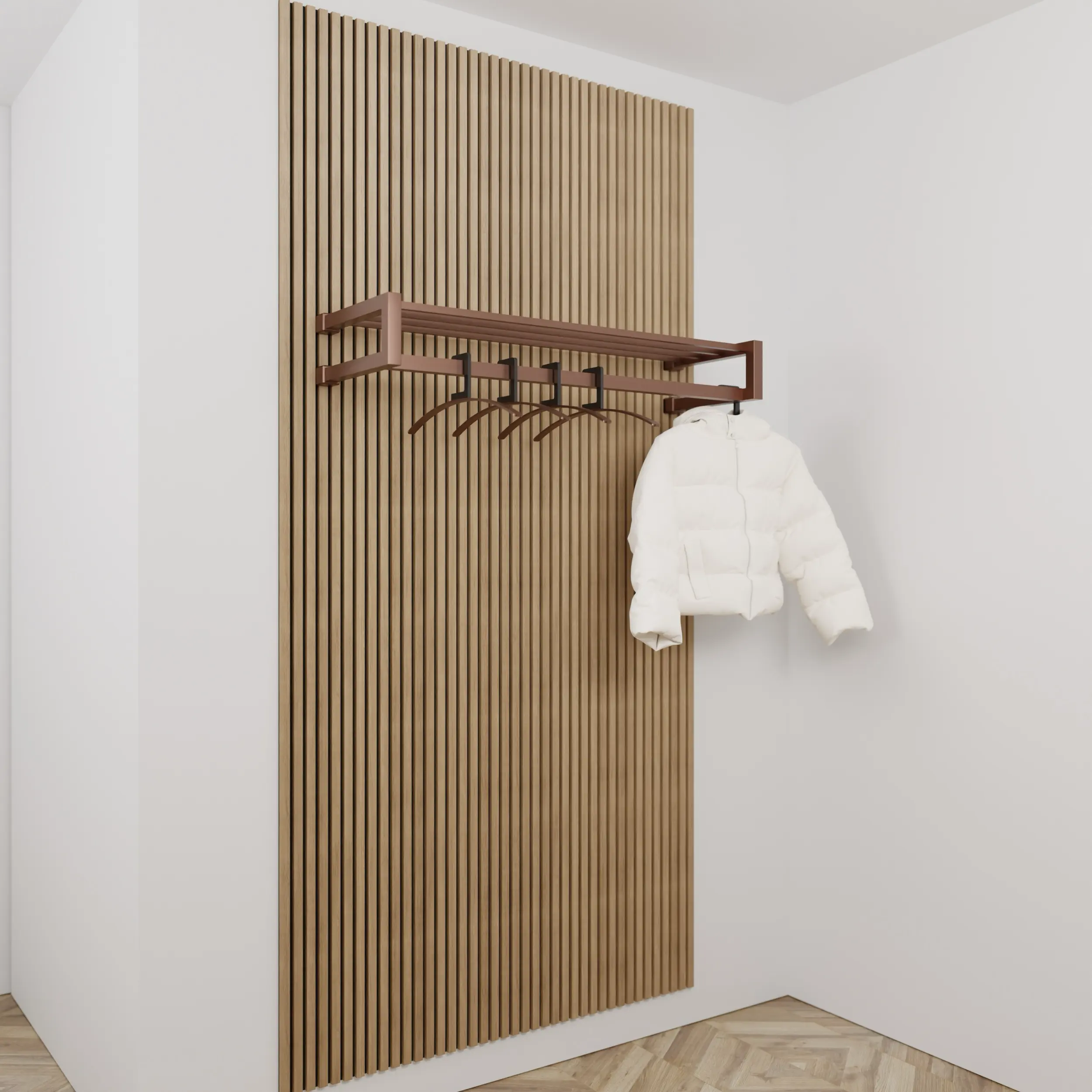 Kapstok Uven vierkant brons aan de wand gemonteerd in een interieur met kleding.