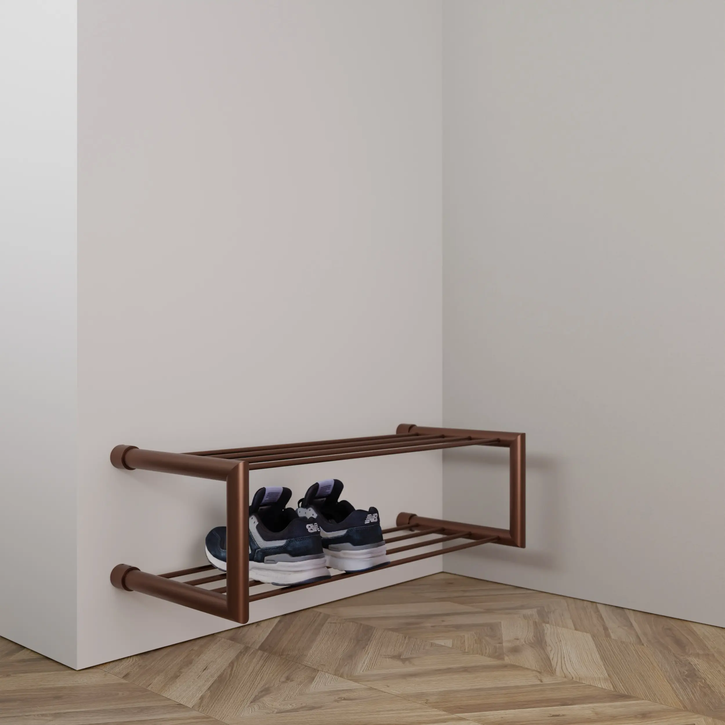 Schoenenrek Norin rond brons aan de wand geplaatst in een interieur met schoenen.