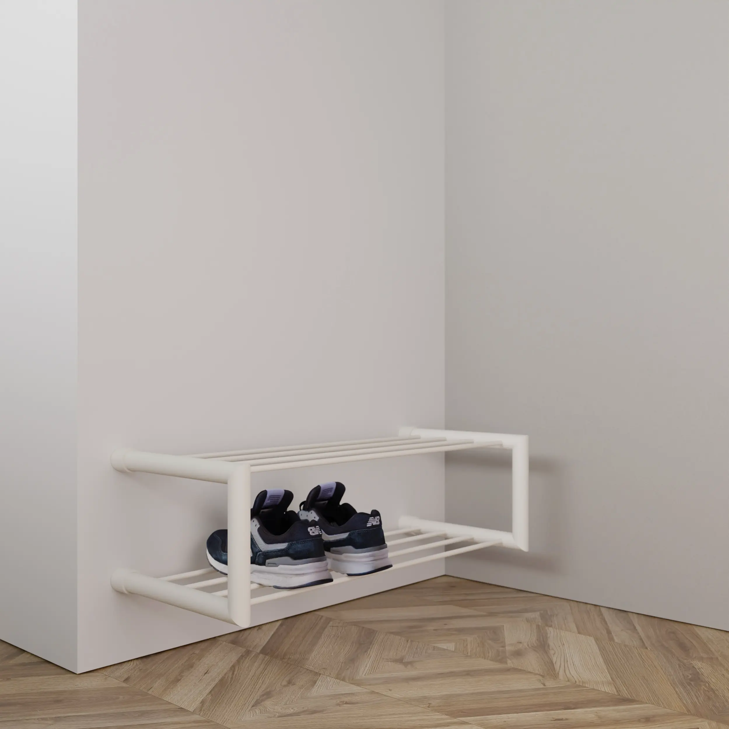 Schoenenrek Norin rond wit aan de wand geplaatst in een interieur met schoenen.