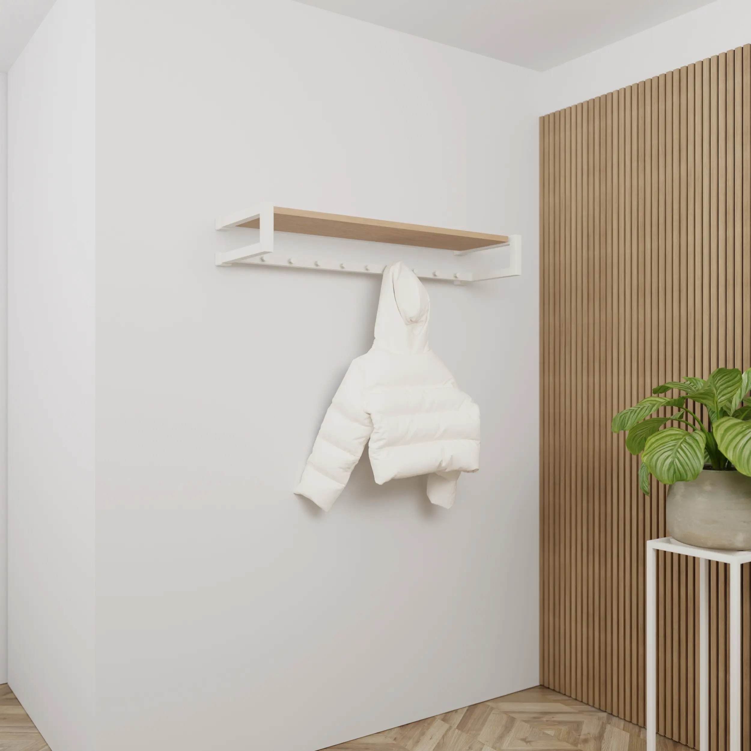 Coat rack Ulena square white mounted on the wall in an interior with clothing.