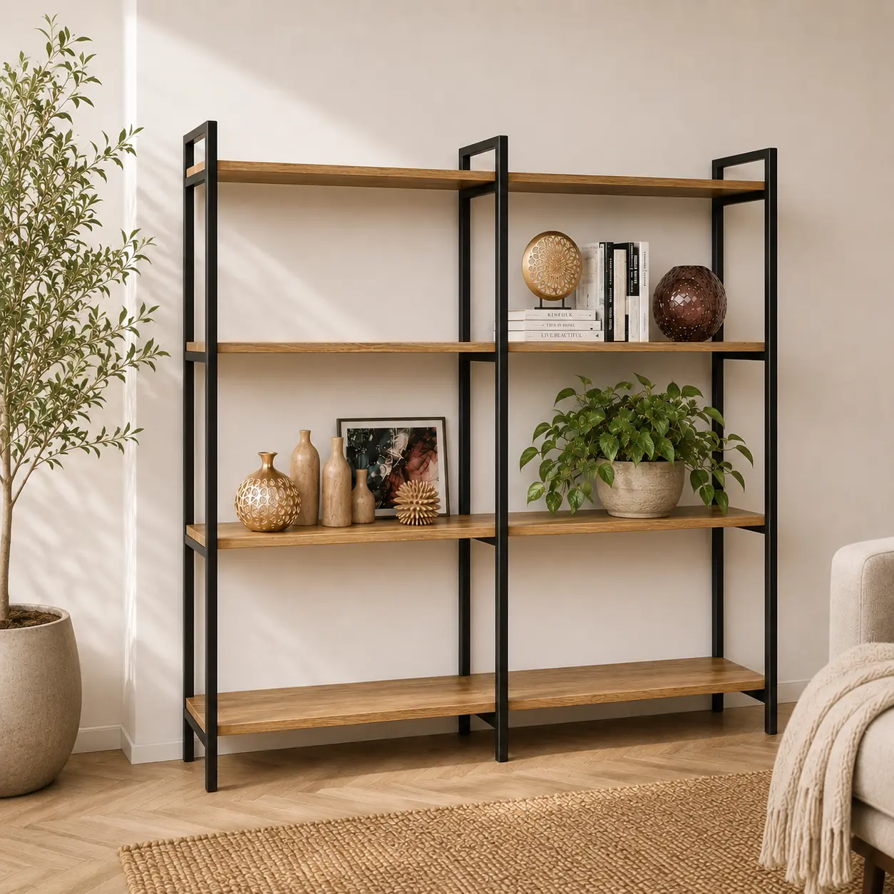 Wandregal Noordenum schwarz in einem Interieur als Wandregal mit Regalböden und Dekoration platziert.
