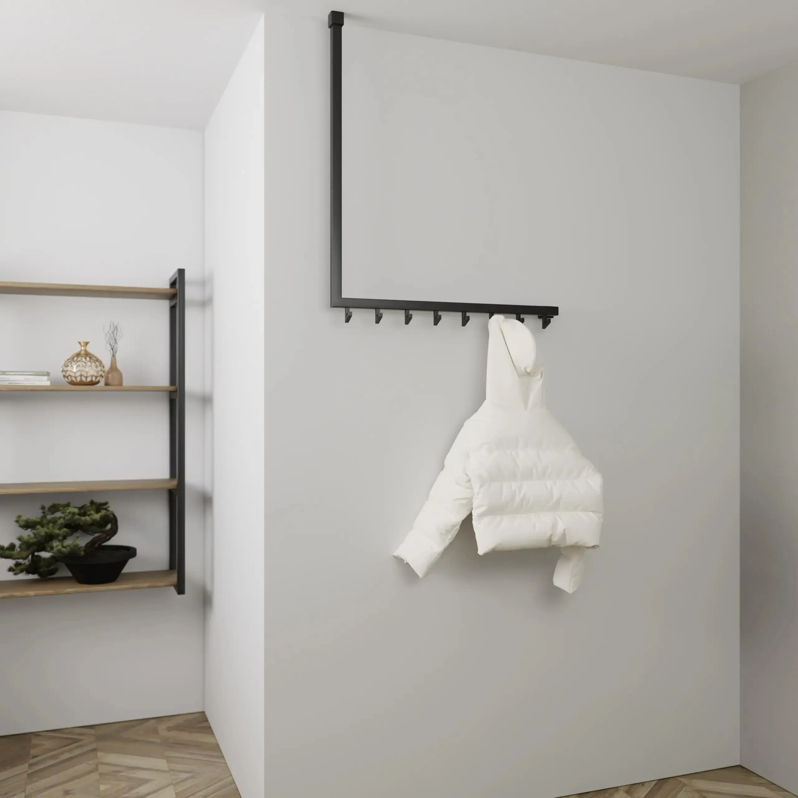 Decken-Garderobe Liora quadratisch anthrazit in einer Eckaufstellung an der Decke mit Kleidung montiert.