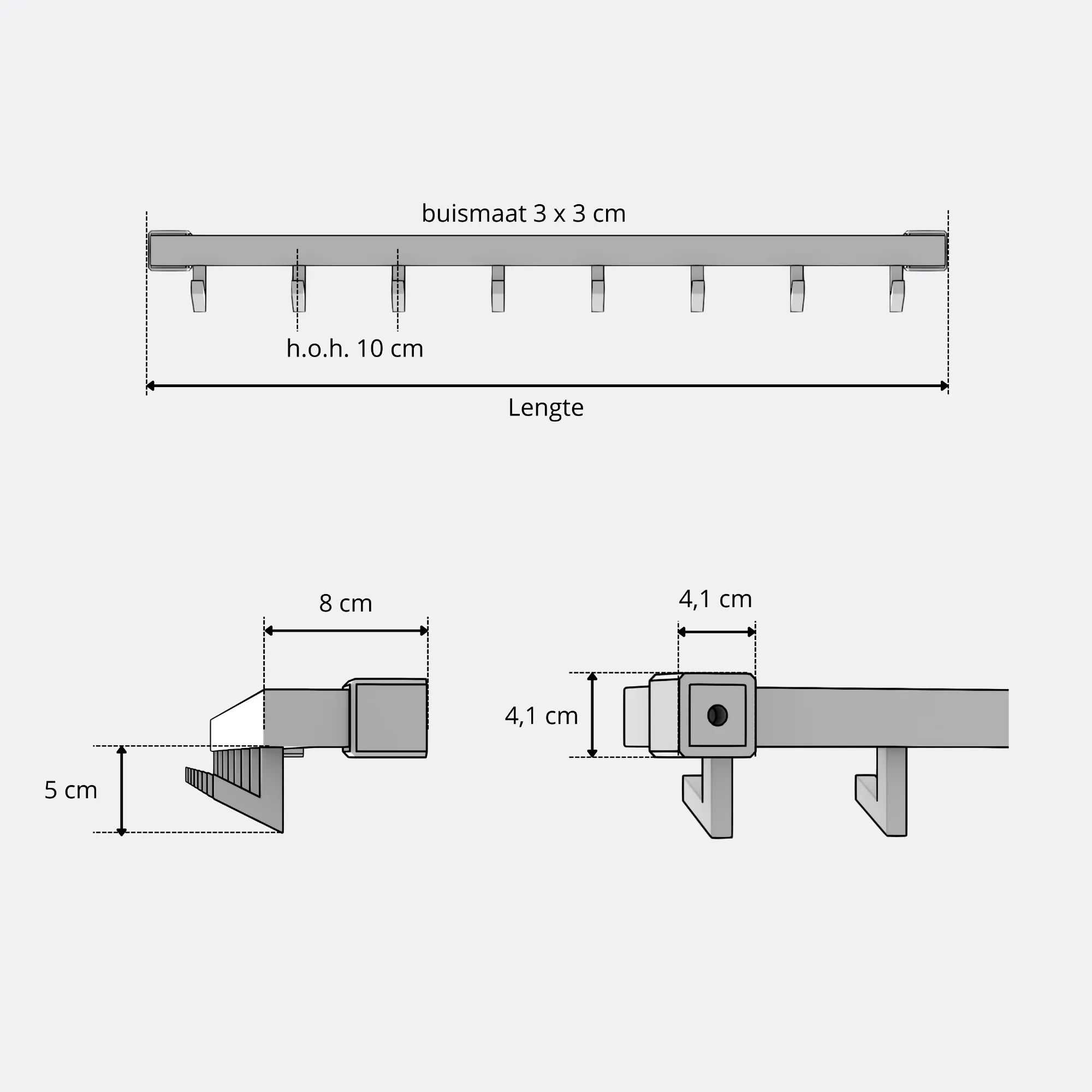 Wandgarderobe Hylan quadratisch schwarz als technische Ansicht mit Maßangabe 250 mm dargestellt.