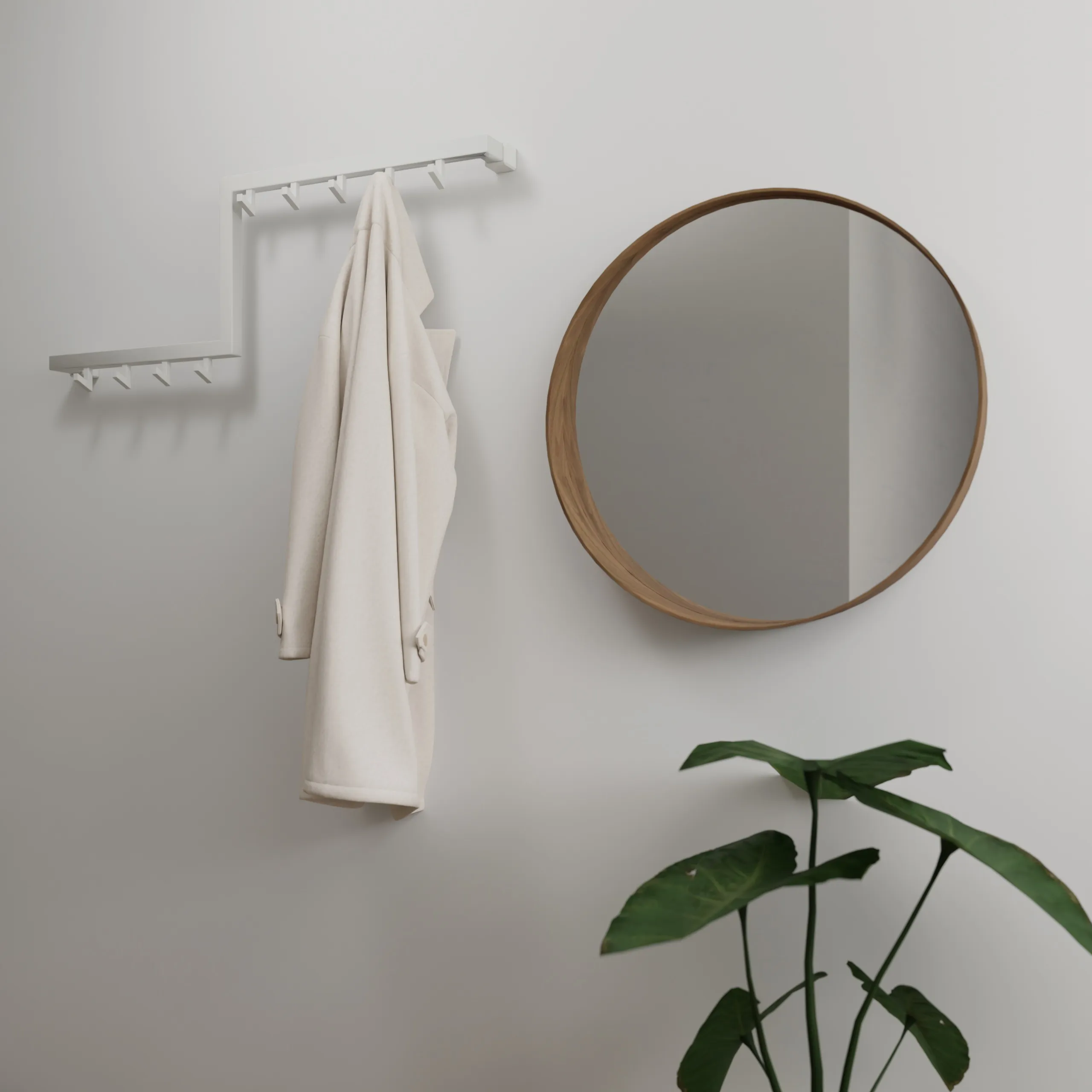 Wandgarderobe Varen quadratisch weiß in einer Eckaufstellung an der Wand mit Kleidung montiert.