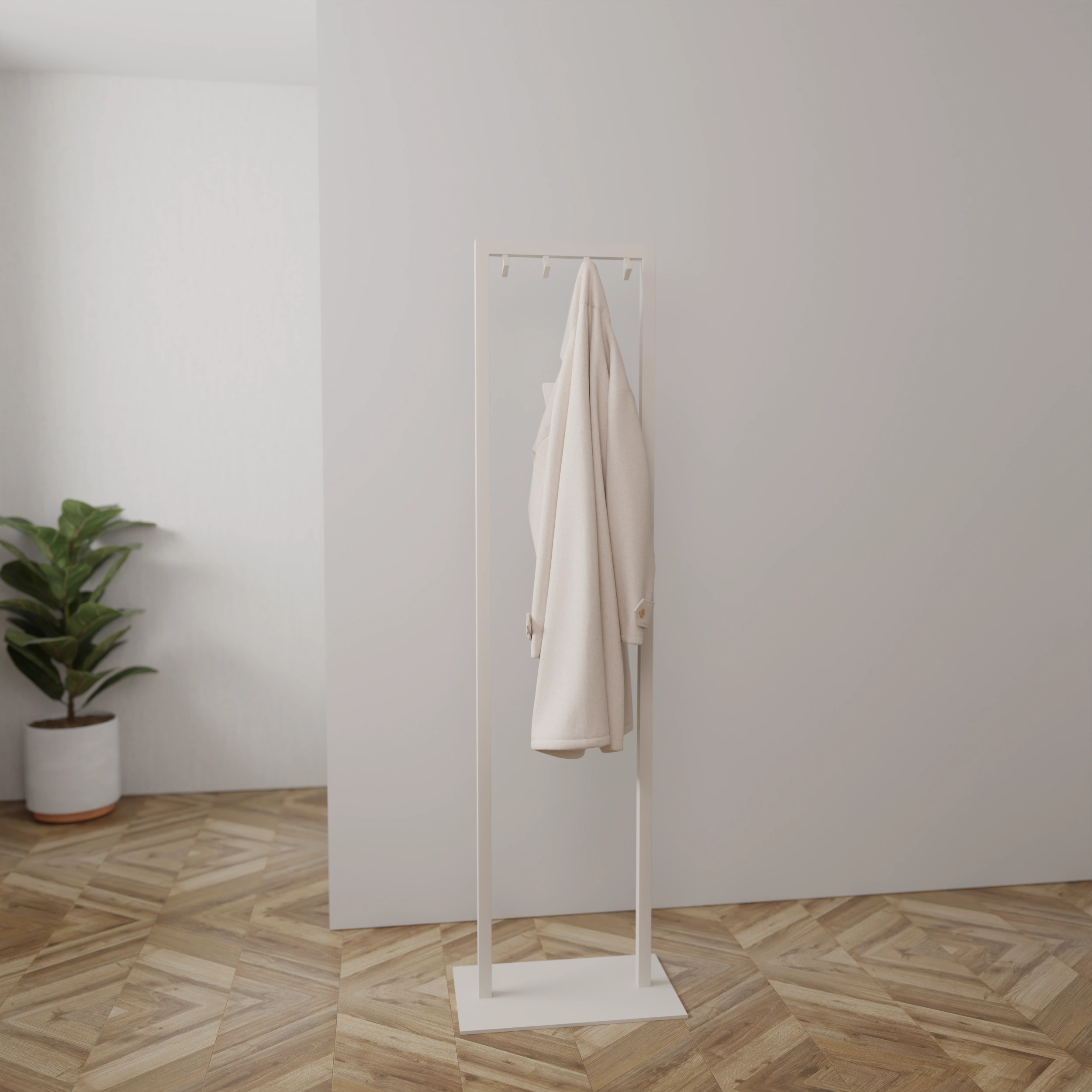 Garderobe Taren weiß in einem Interieur mit Kleidung an der Wand montiert.