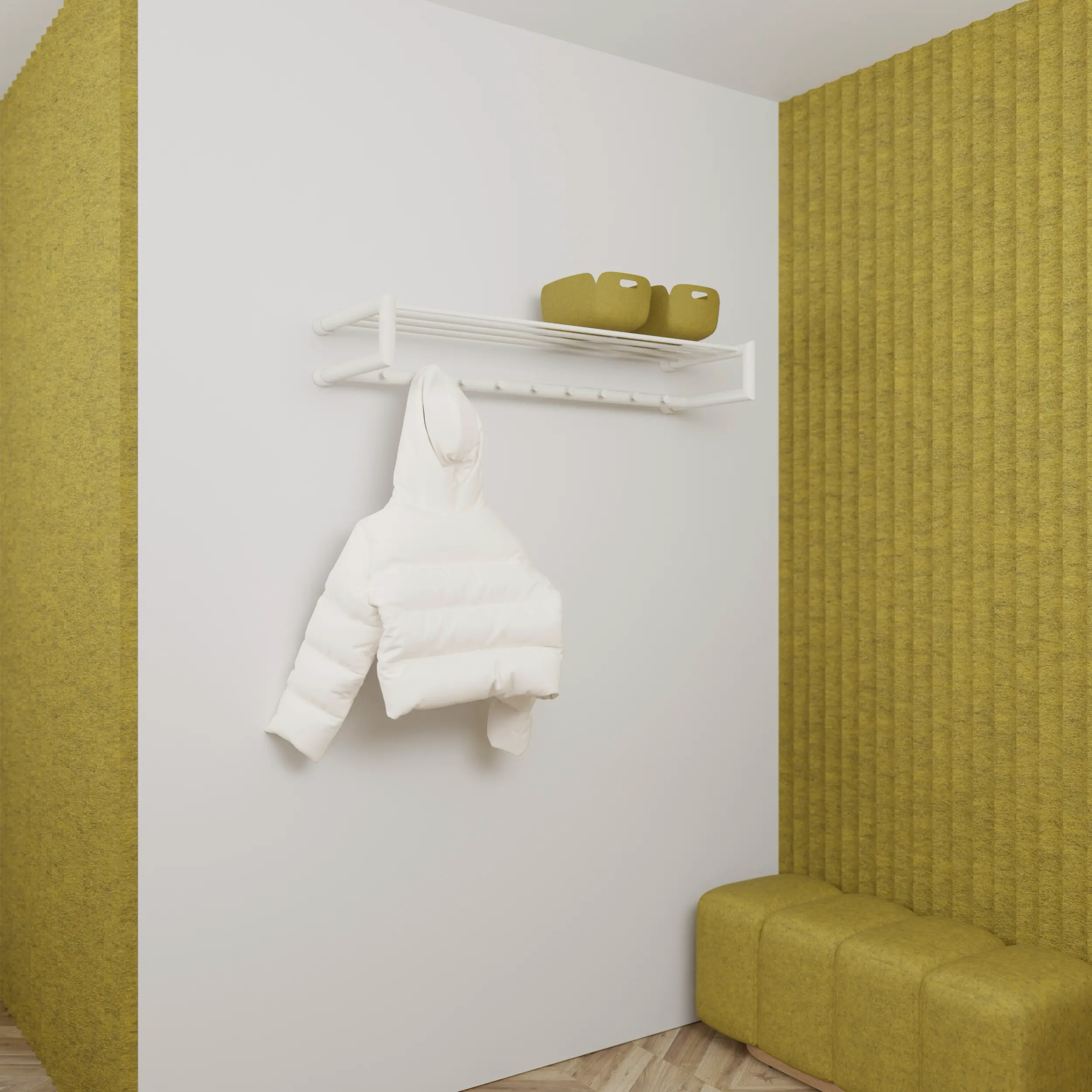 Garderobe Uven rund weiß in einem Interieur mit Kleidung an der Wand montiert.