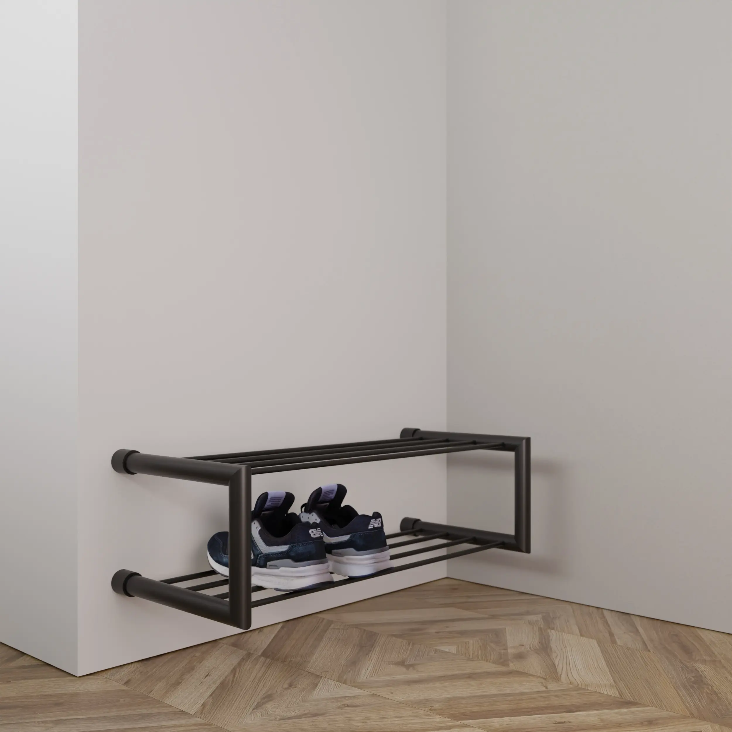 Schoenenrek Norin rond zwart aan de wand geplaatst in een interieur met schoenen.