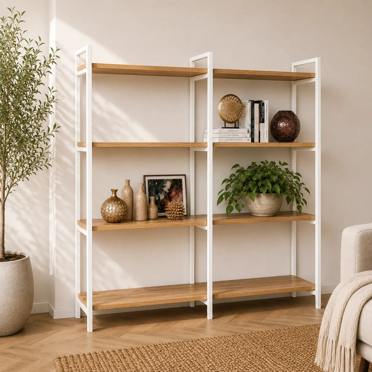 Wandregal Noordenum weiß in einem Interieur als Wandregal mit Regalböden und Dekoration platziert.
