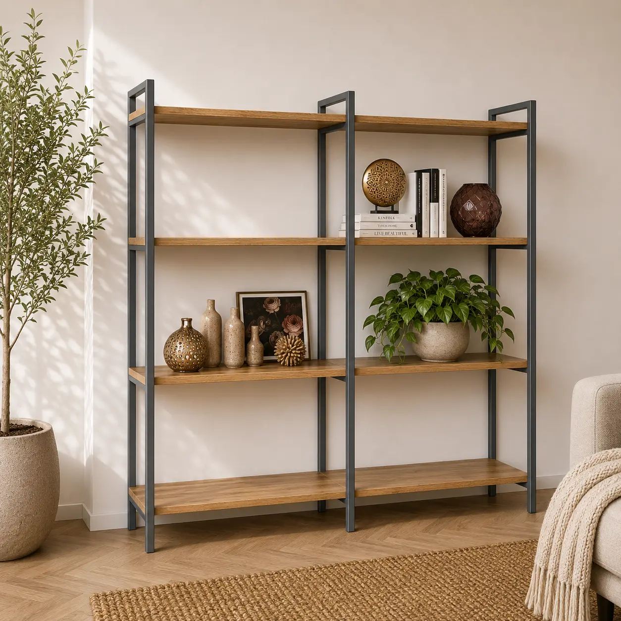 Wandrek Noordenum antraciet in een interieur geplaatst als wandrek met planken en decoratie.