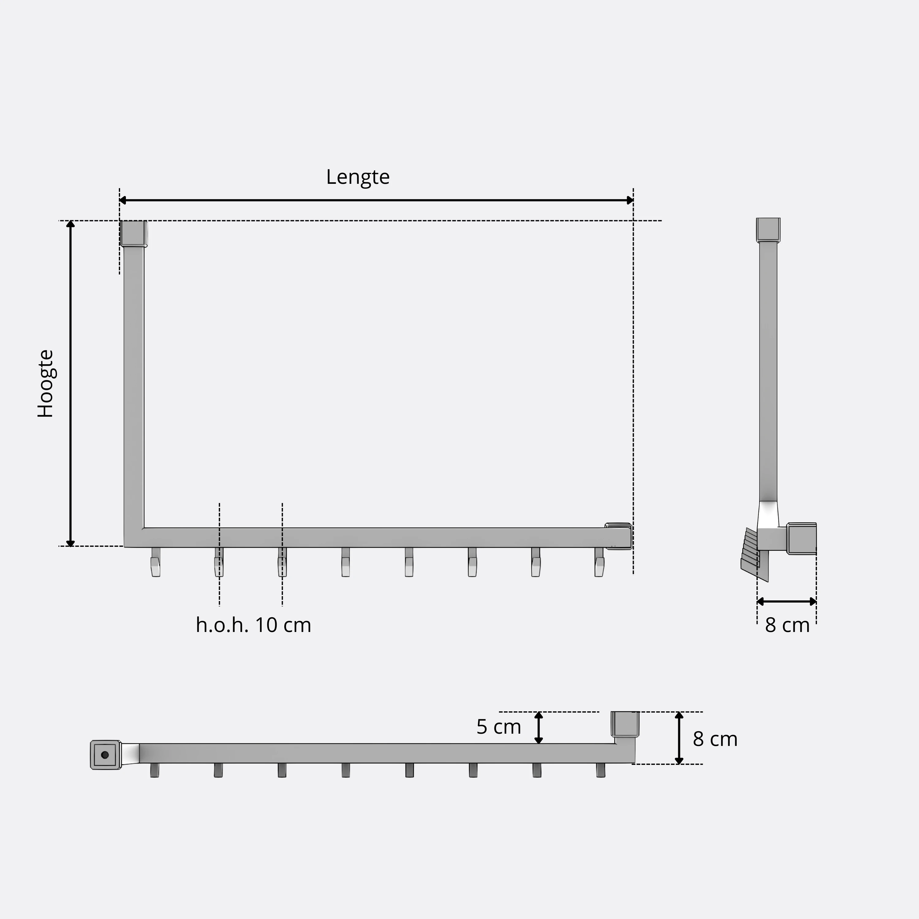 Decken-Garderobe Liora quadratisch anthrazit als technische Ansicht mit Maßangabe 250 mm dargestellt.