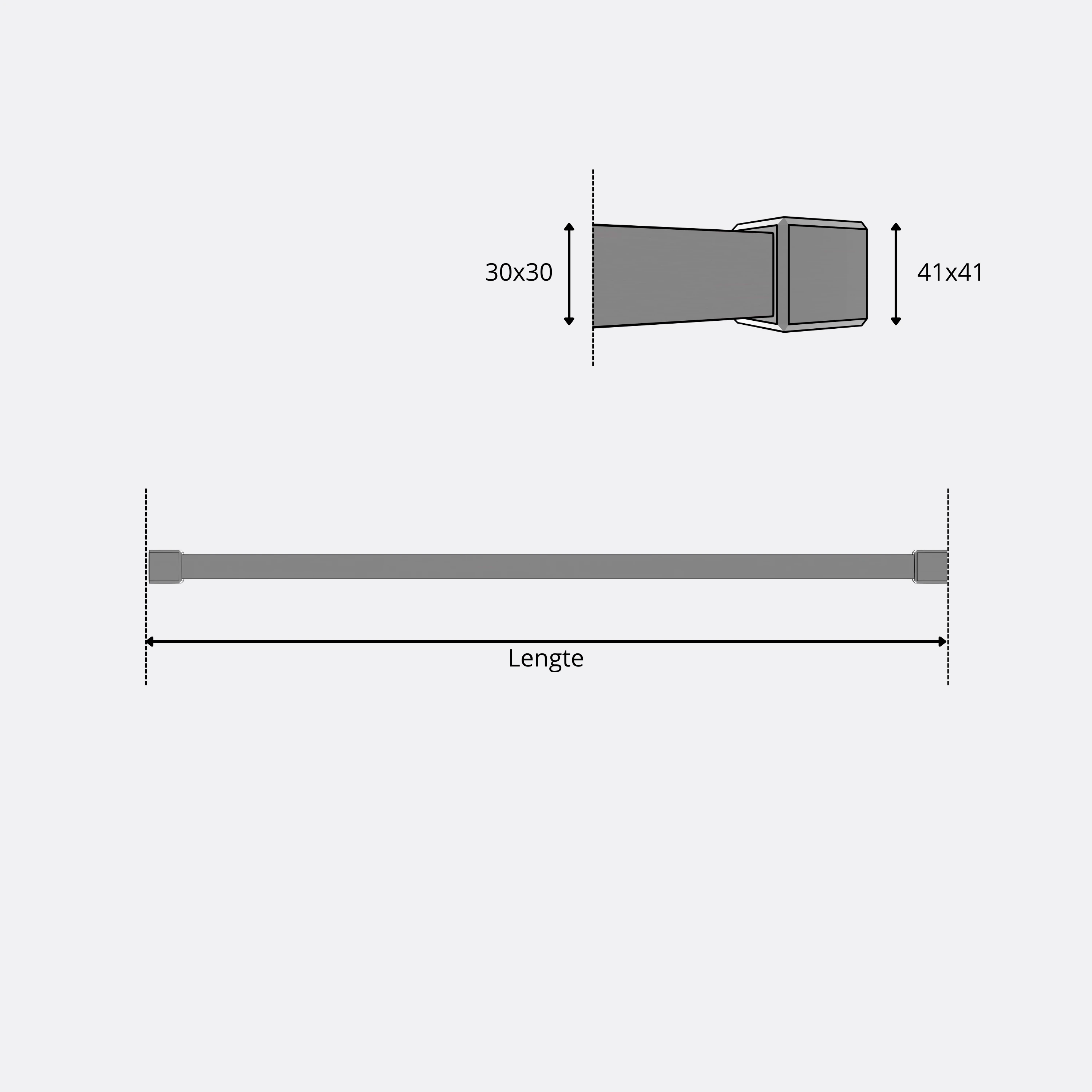 Garderobestang B vierkant brons als technisch aanzicht met maatvoering van 250 mm.