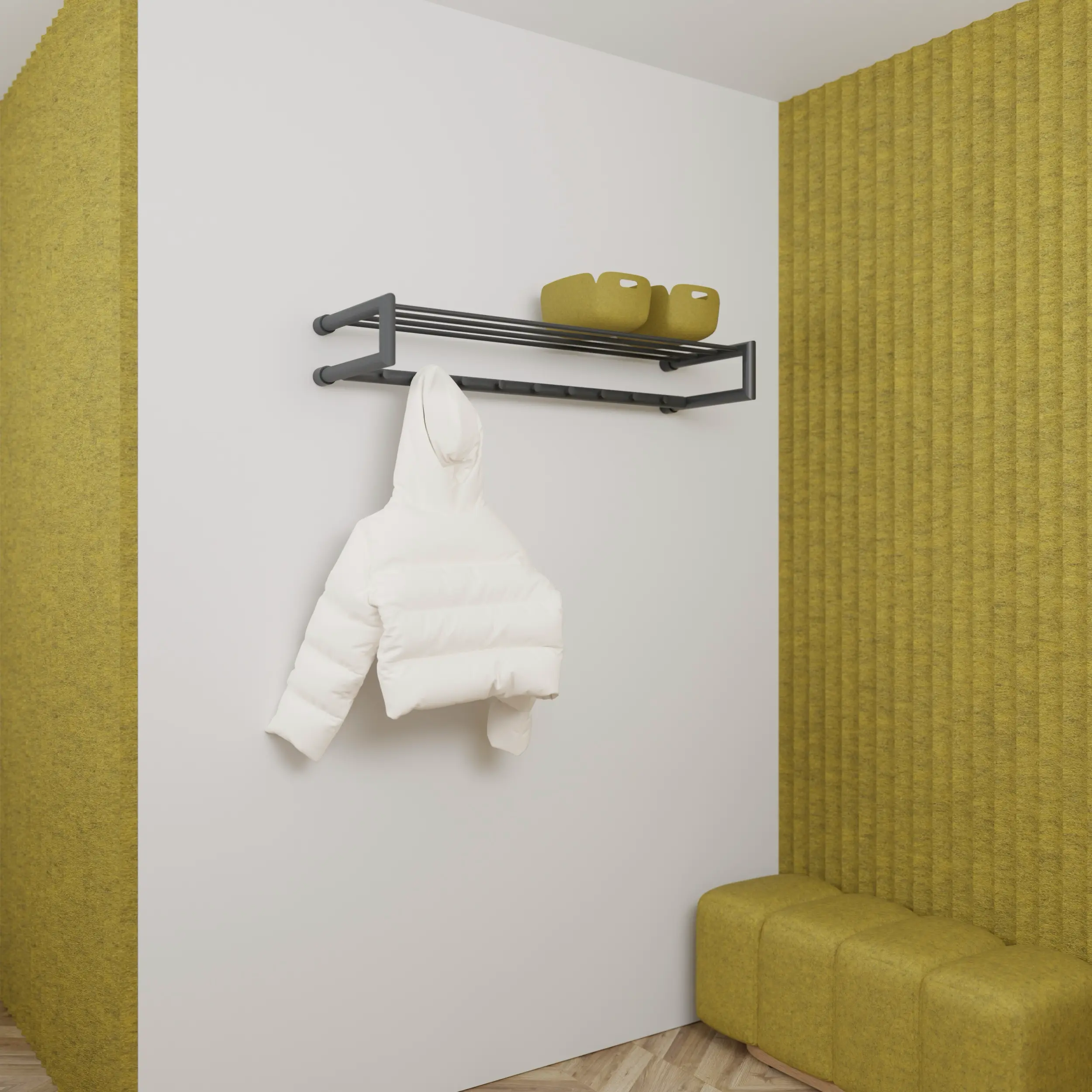 Coat rack Uven round anthracite mounted on the wall in an interior with clothing.