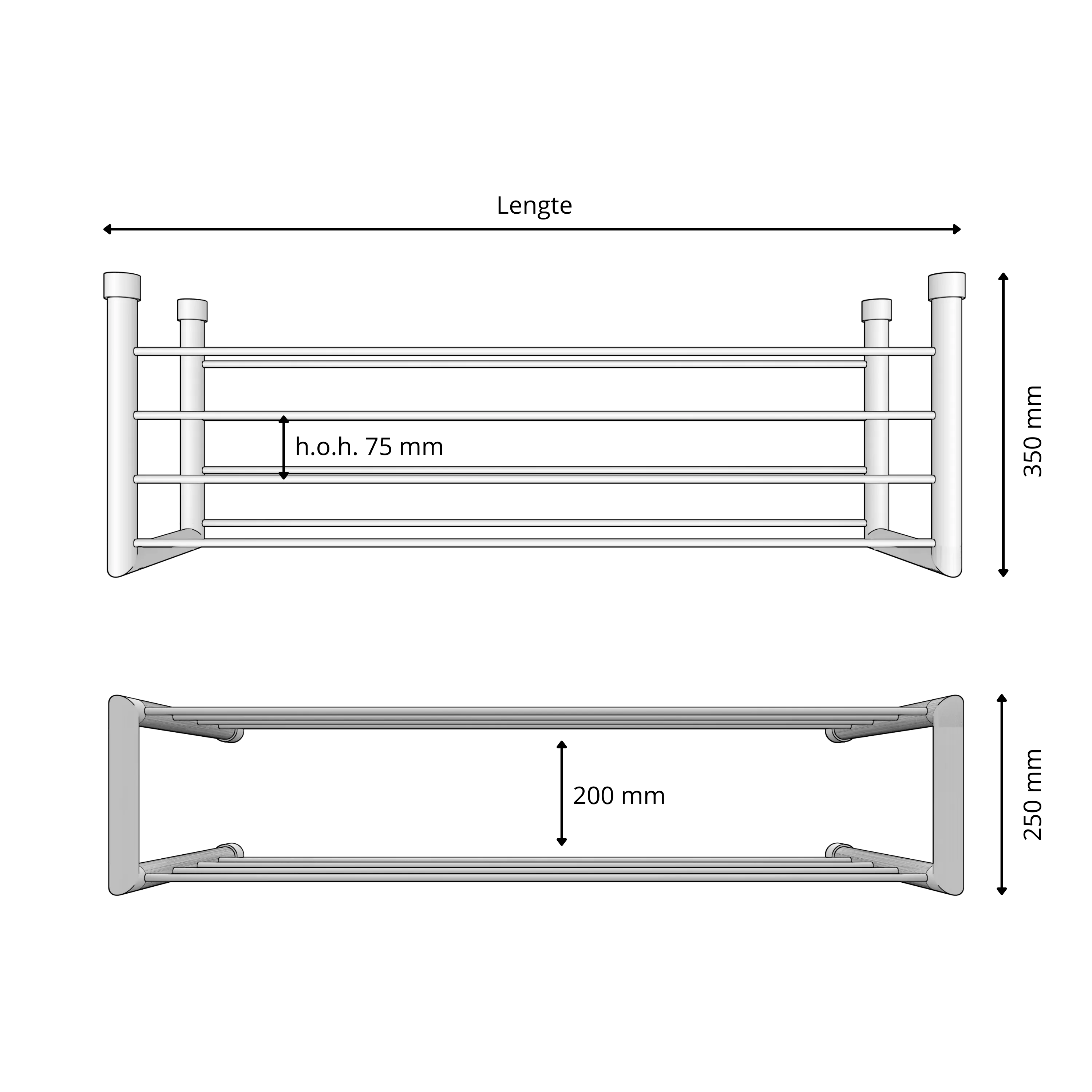 Schoenenrek Norin rond brons als technisch aanzicht met maatvoering van 250 mm.