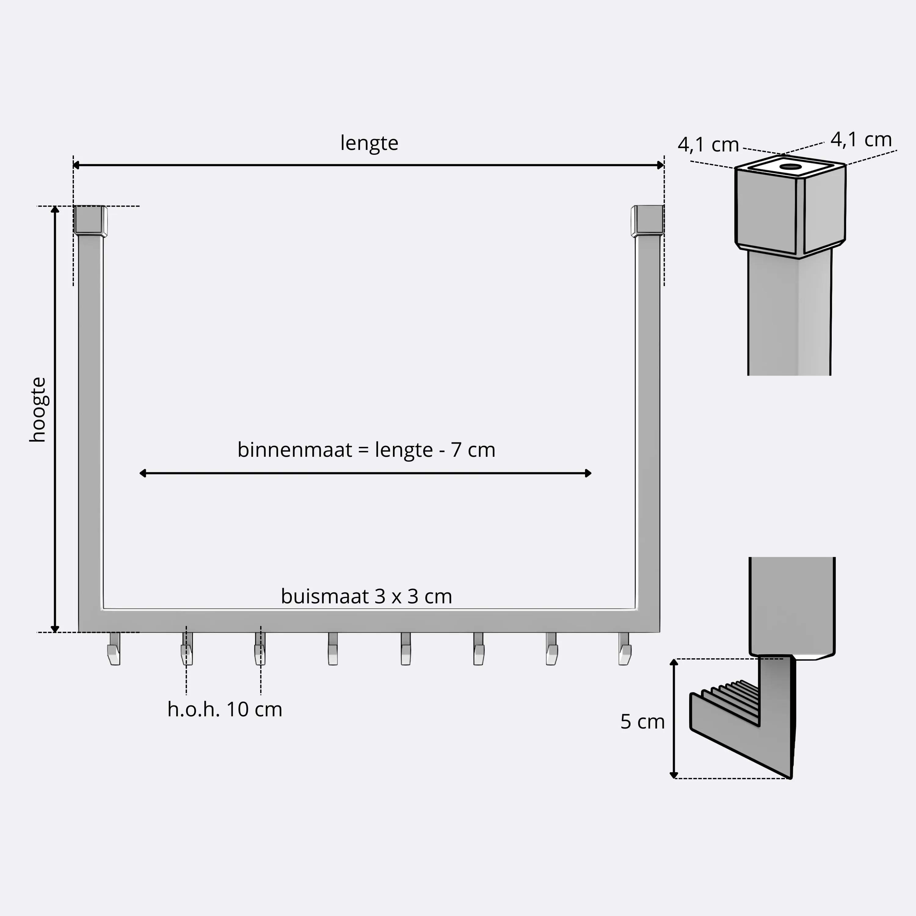 Garderobe Nalen quadratisch schwarz als technische Ansicht mit Maßangabe 250 mm dargestellt.