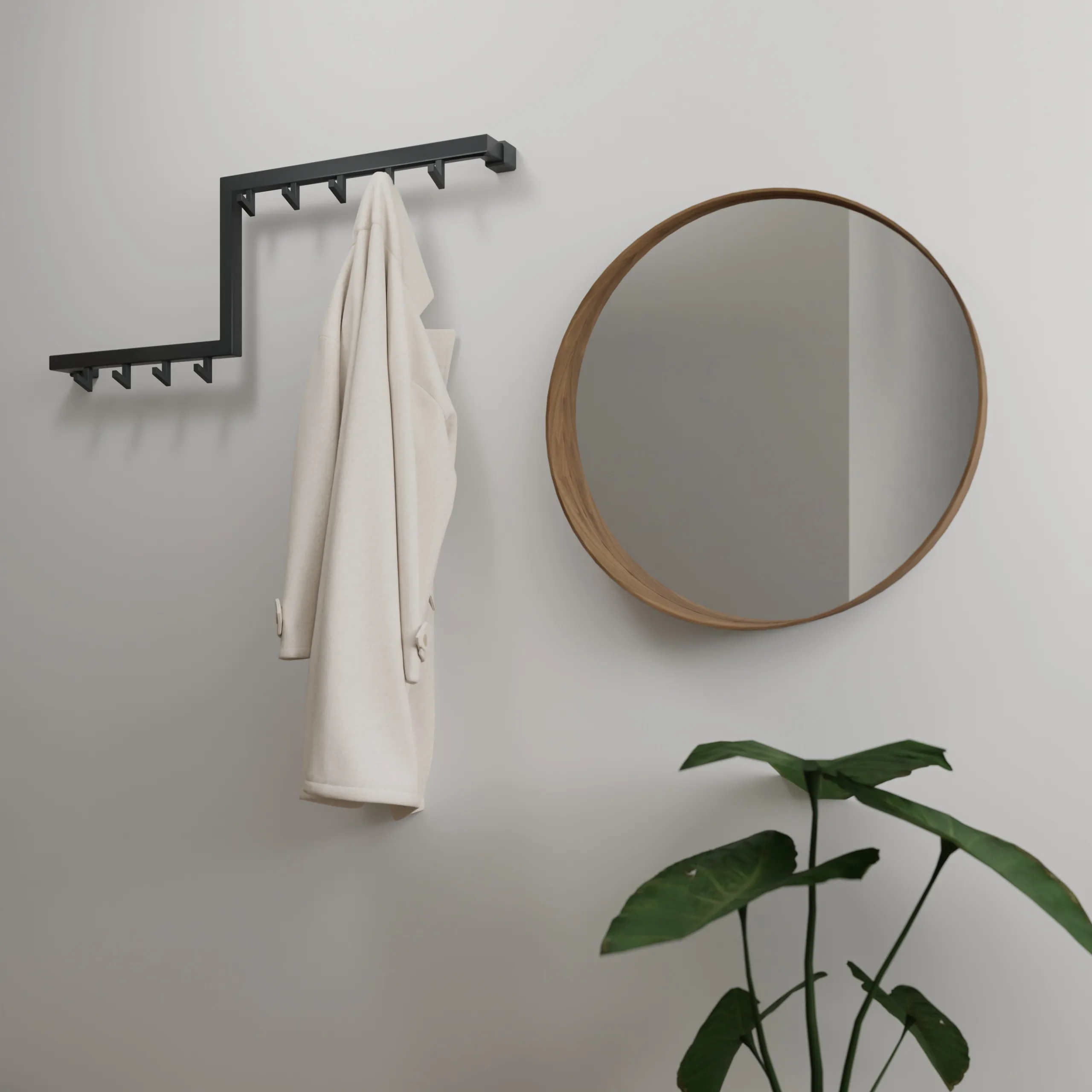 Wall-mounted coat rack Varen square anthracite mounted on the wall in a corner setup with clothing.