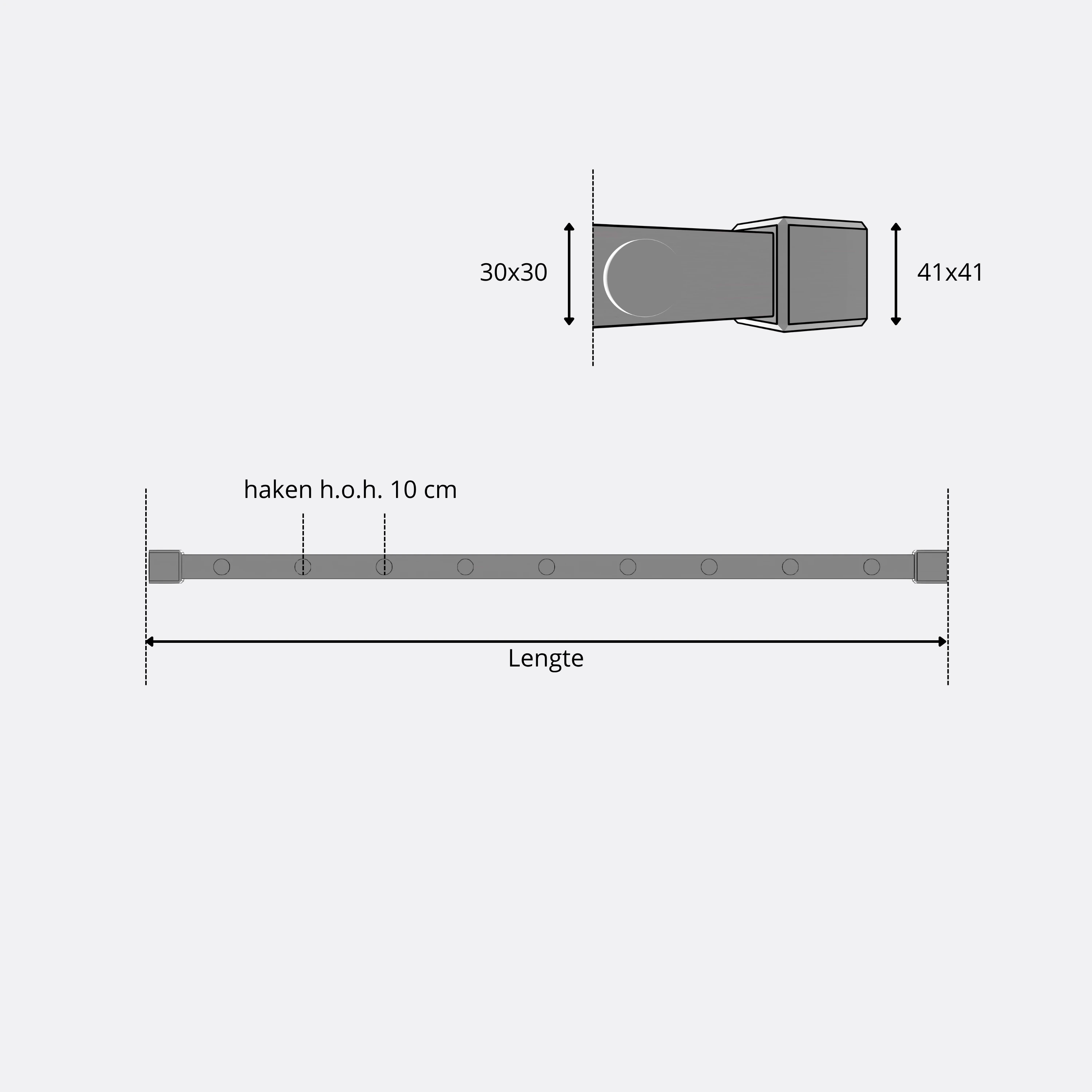 Clothes rail B square white shown as a technical view with 250 mm dimensions.